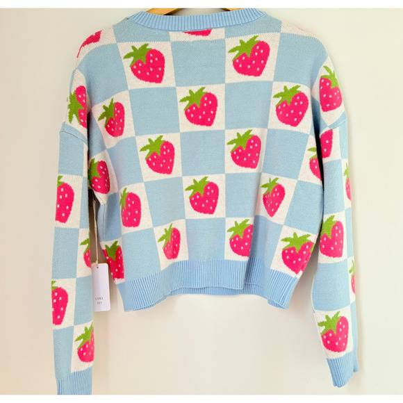 Luna Ivy Strawberry Checkerboard Knit Sweater Blue Pink Y2K Kawaii Pastel S - Picture 8 of 11